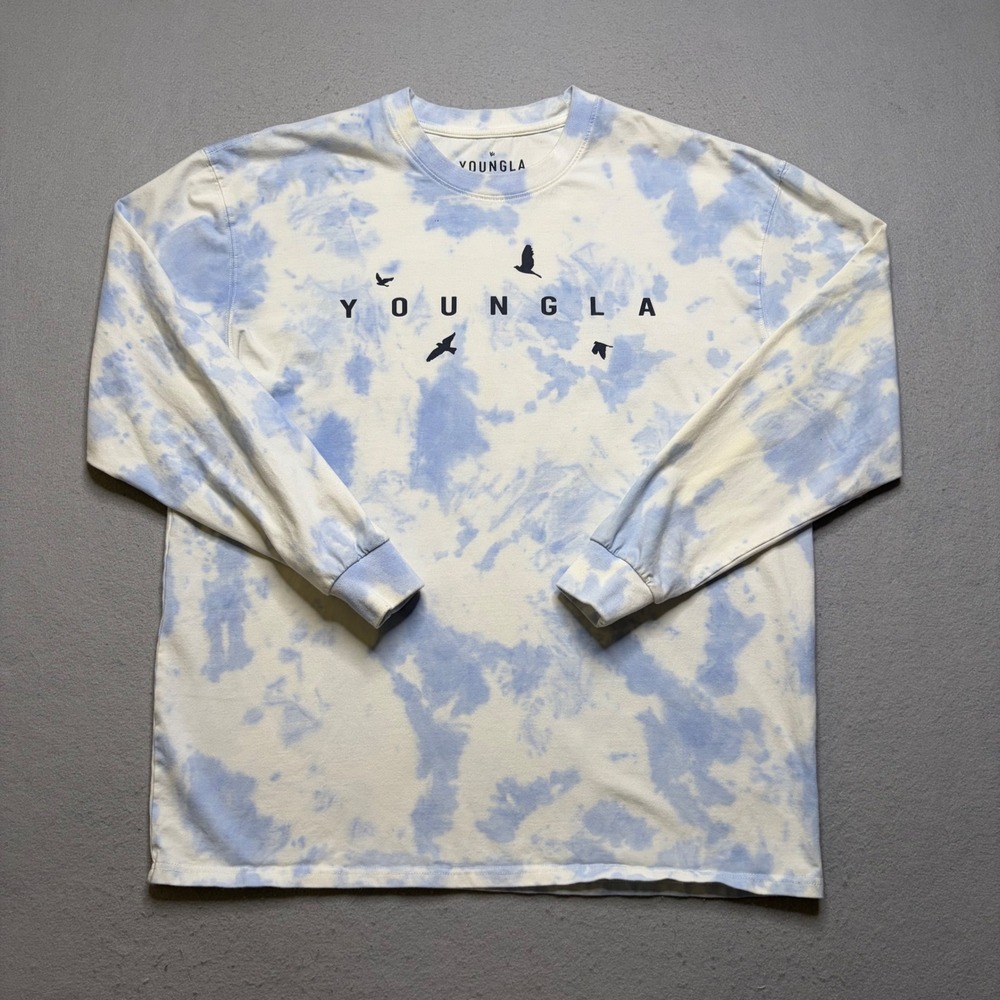 YoungLA Long Sleeve Shirt Mens Medium Blue Tie Dye Graphic Bird Logo Tee